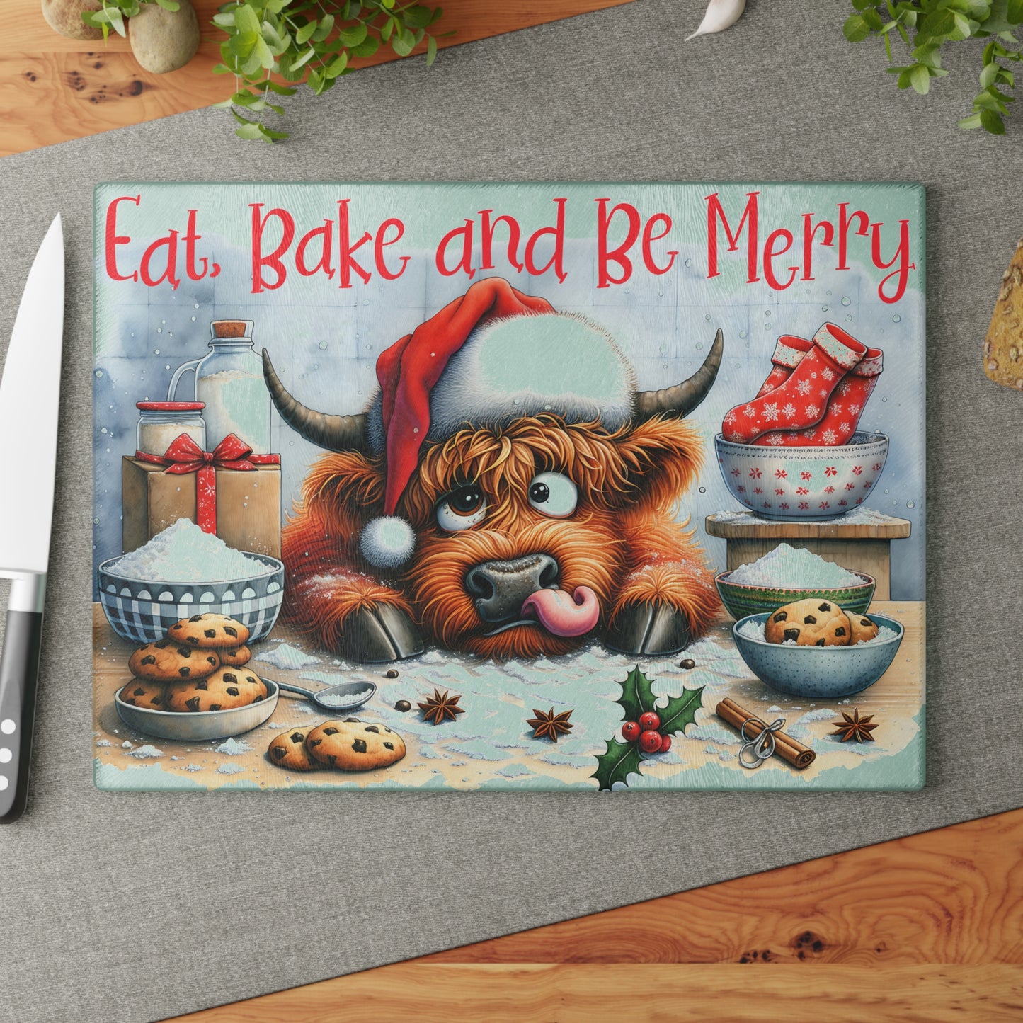 Eat, Bake and Be Merry Highland Cow Cutting Board – Festive Christmas Kitchen Cheer