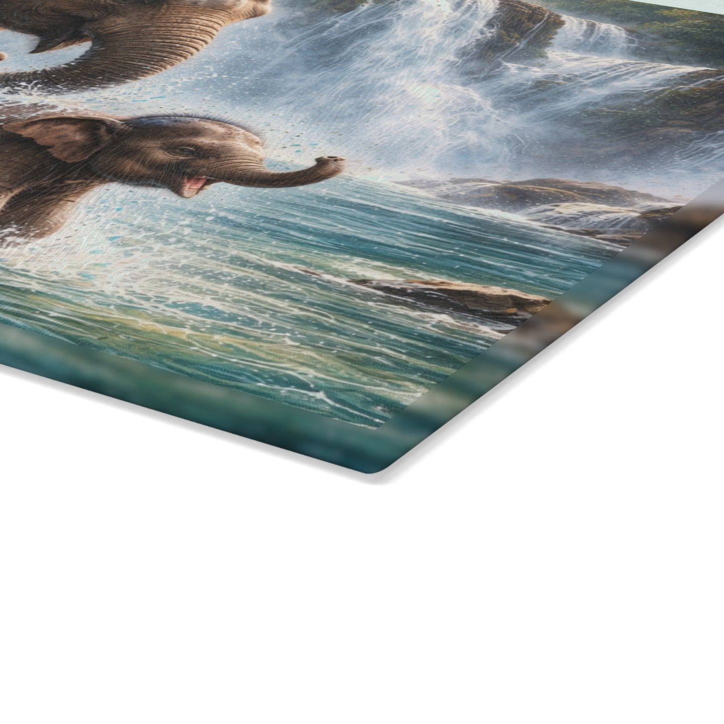 Elephant Waterfall Adventure Glass Cutting Board – Playful Wildlife Nature Kitchen Art