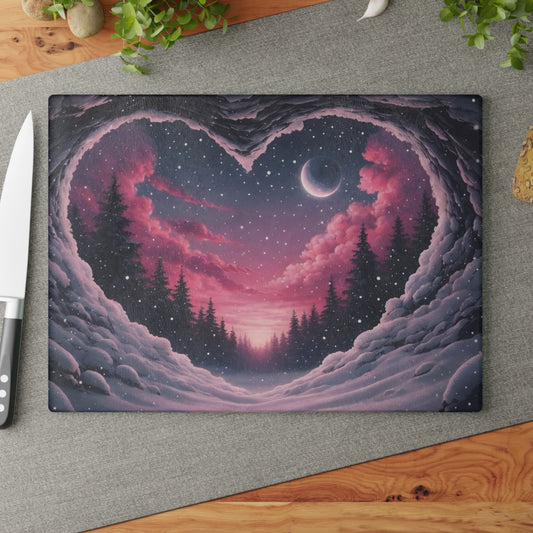 Winter Heartscape Glass Cutting Board – Dreamy Snowy Landscape Kitchen Display