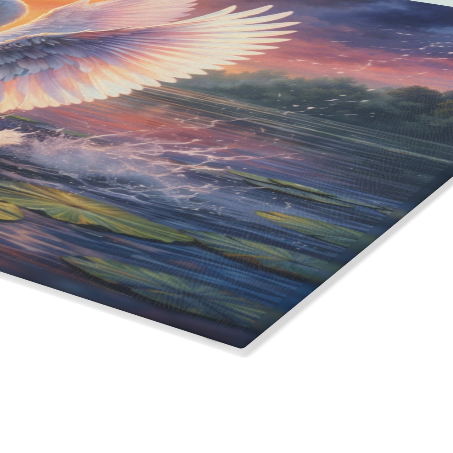 Graceful Swan Sunset Glass Cutting Board – Elegant Lake Nature Kitchen Art