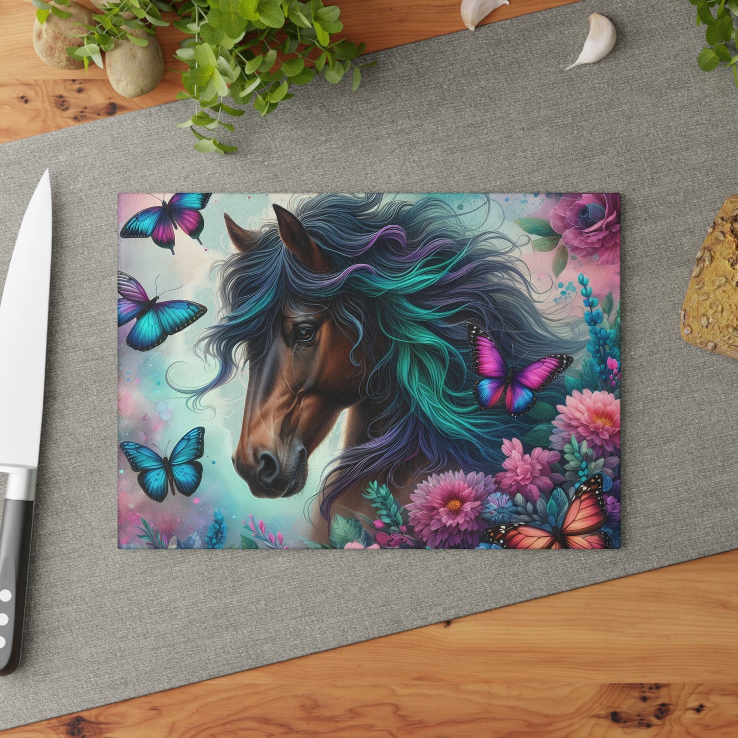 🦋 Majestic Horse & Butterfly Dreamscape Cutting Board – Artistic Elegance for Your Kitchen 🌸