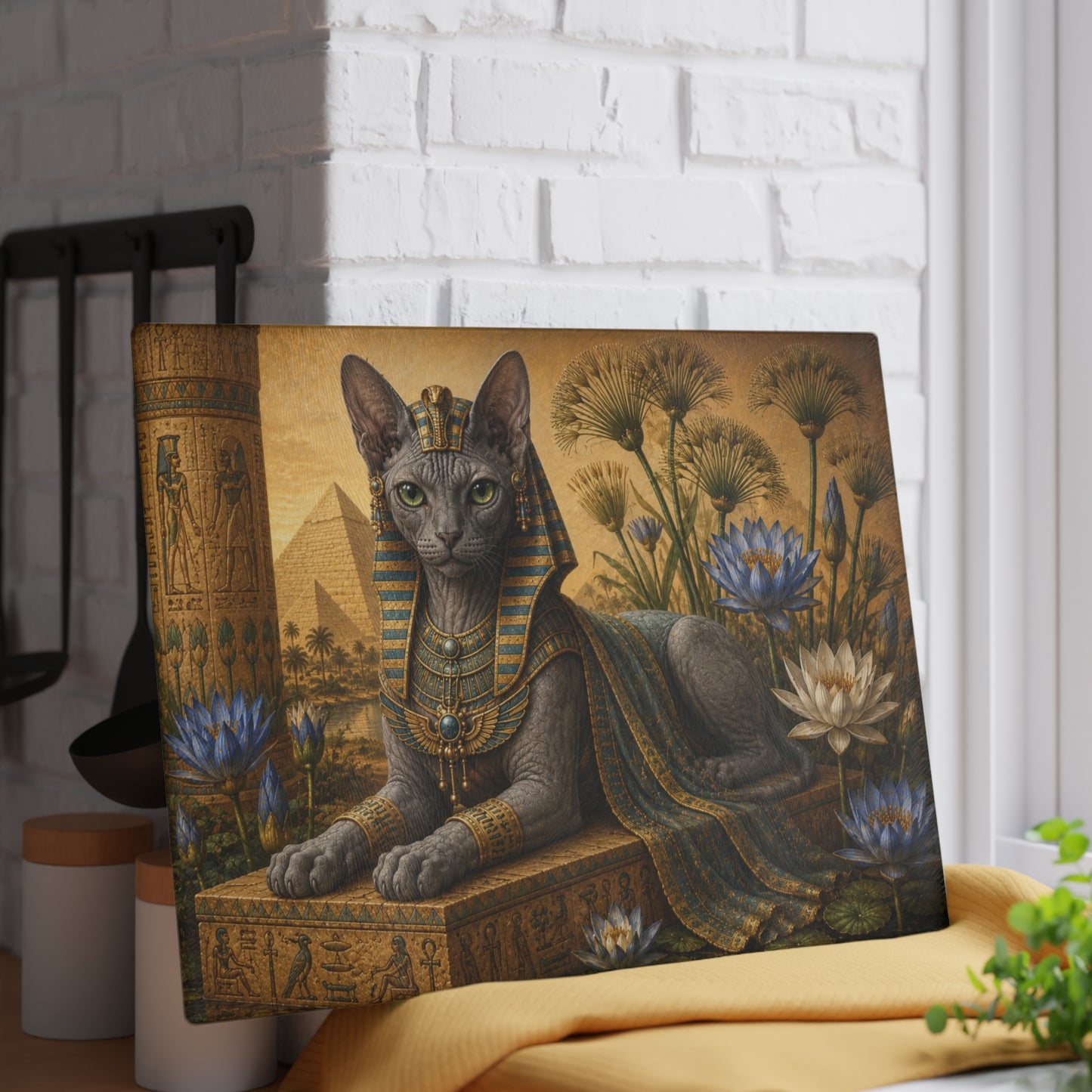 Ancient Egyptian Female Sphynx Cat Glass Cutting Board – Elegant Egyptian Cat Kitchen Decor