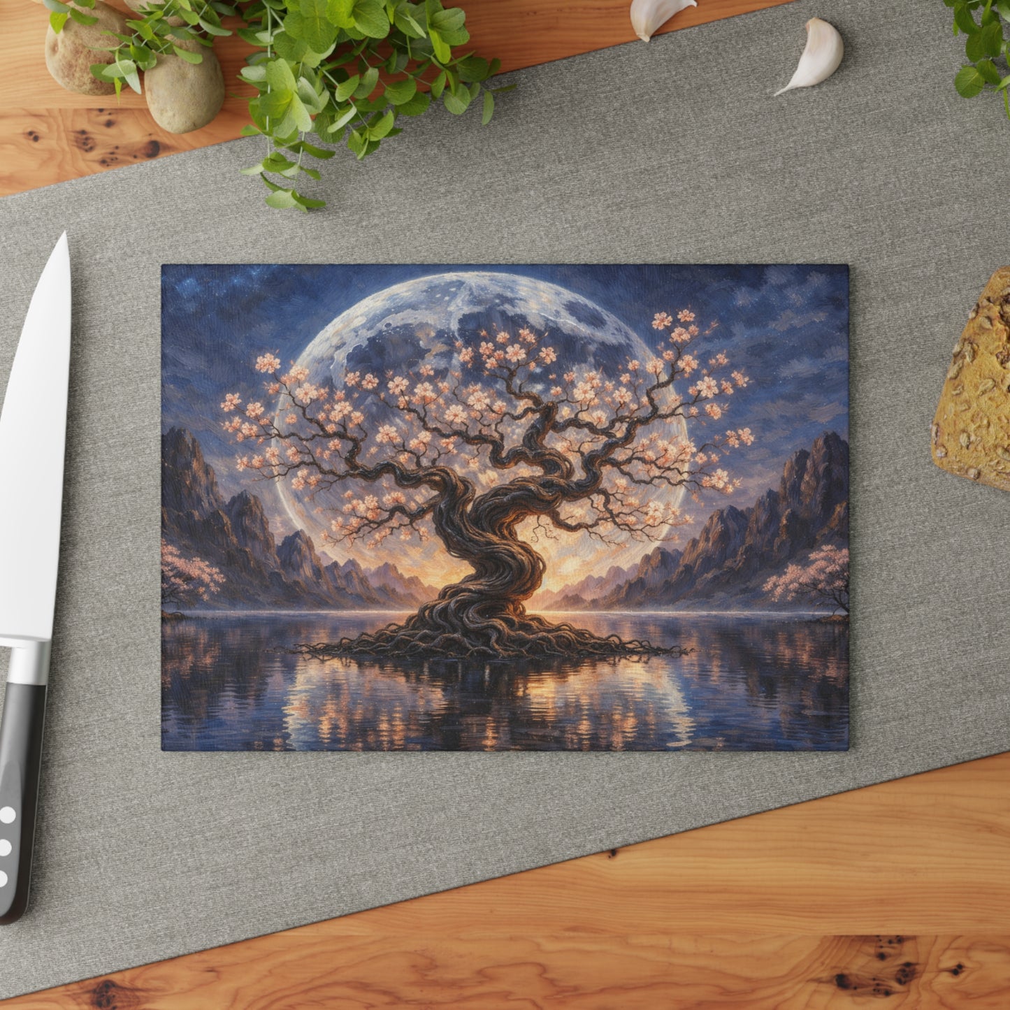 Moonlit Blossom Tree Glass Cutting Board – Dreamlike Fantasy Kitchen Art