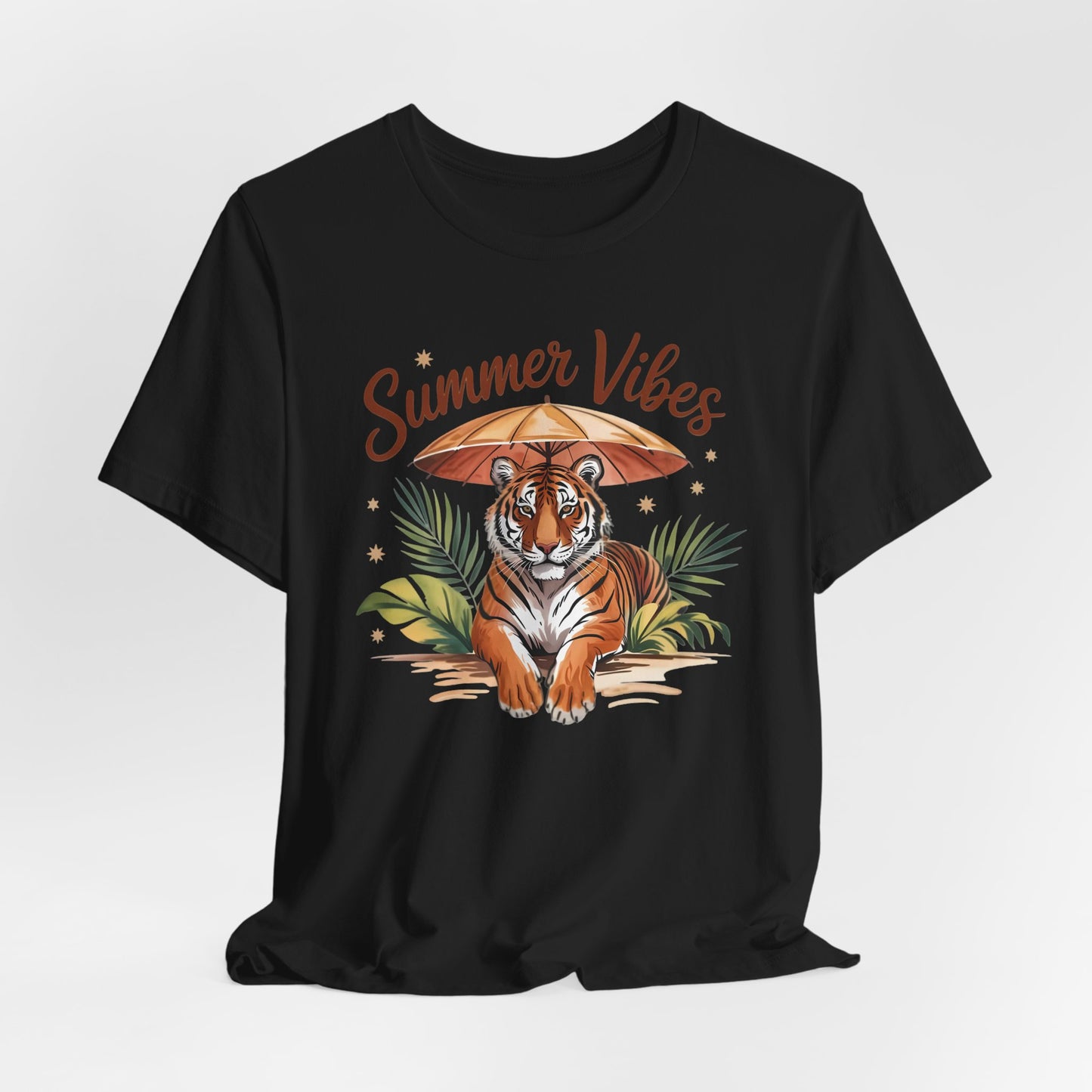 Camiseta Summer Vibes Tiger – Gráfico de palmeras de la selva con paraguas | Múltiples opciones de color