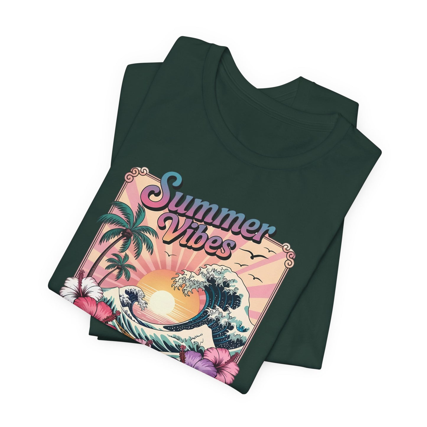 ☀️ Camiseta Summer Vibes – Ola playera vibrante, hibisco y palmeras | Camiseta gráfica para mujer