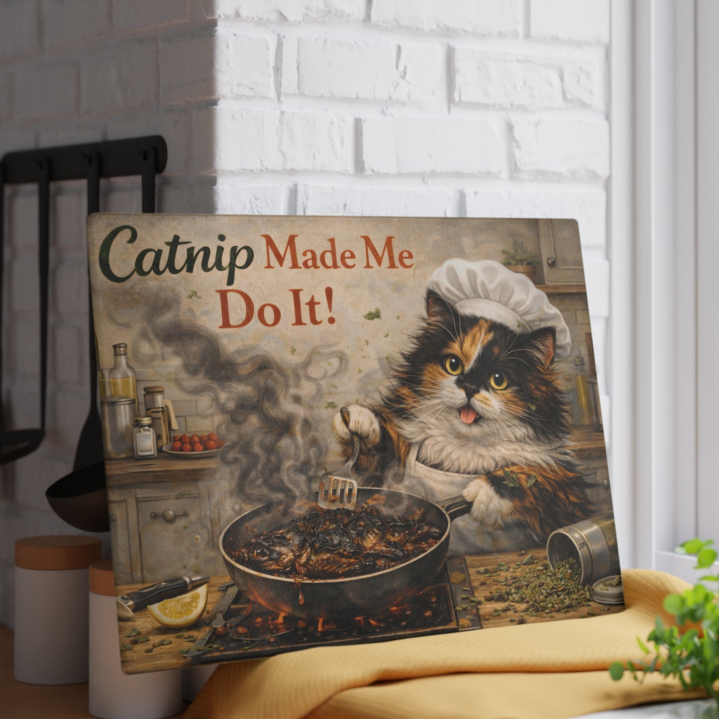 Catnip Made Me Do It Glass Cutting Board – Funny Cat Kitchen Art