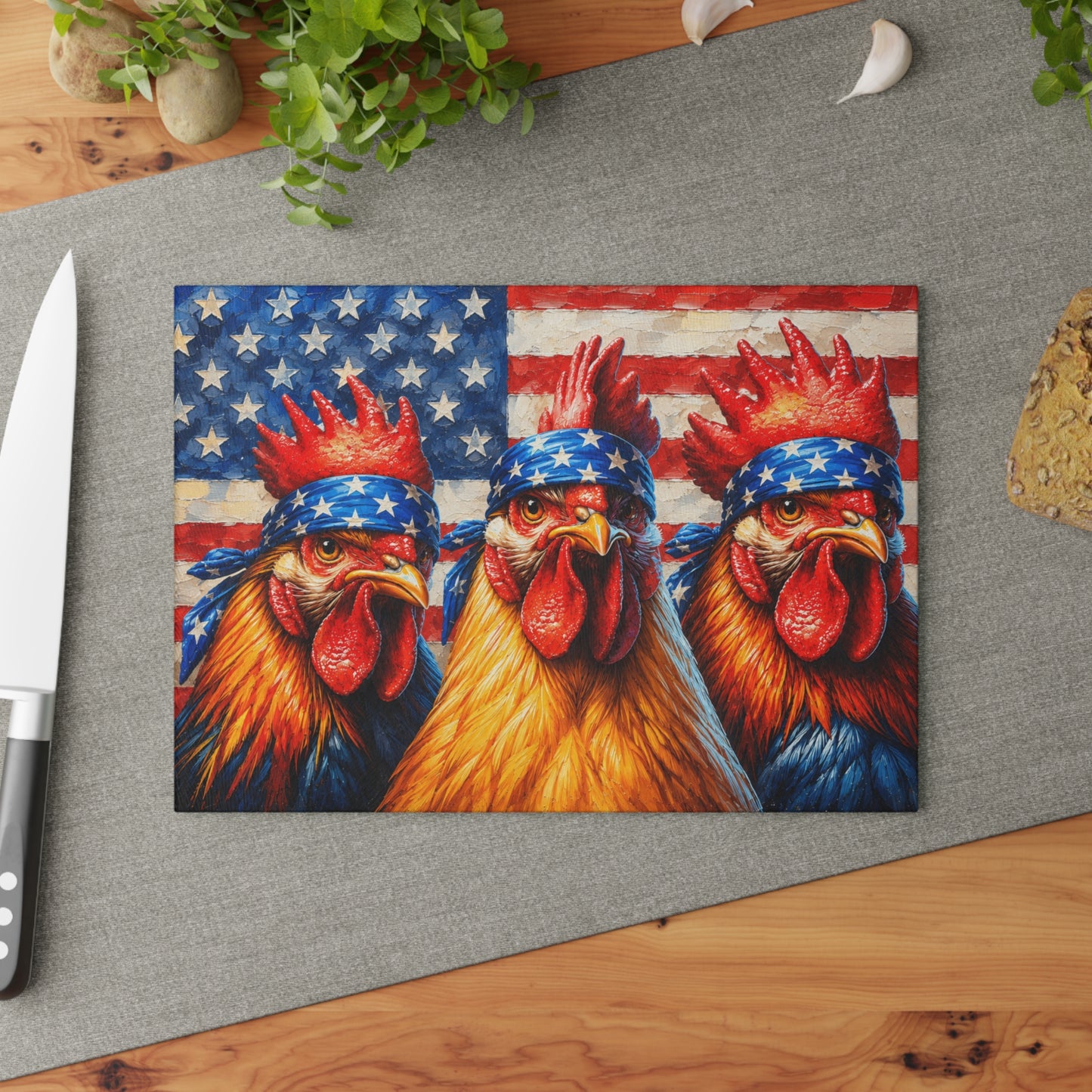 Patriotic Rooster Bandana Glass Cutting Board – Bold Farmhouse Americana Kitchen Décor