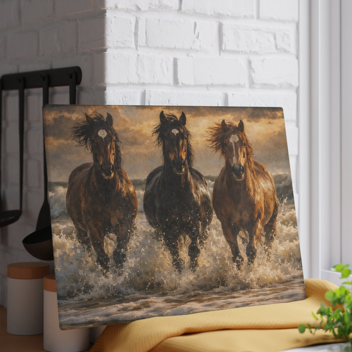 Running Horses on the Beach Glass Cutting Board – Coastal Horse Lover Farmhouse Kitchen Decor