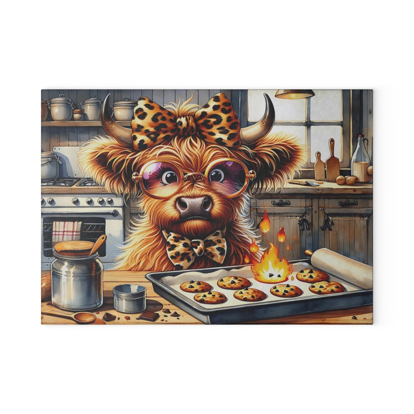 🐮🔥 Rustic Cow Art Glass Cutting Board – Country Charm for Your Kitchen
