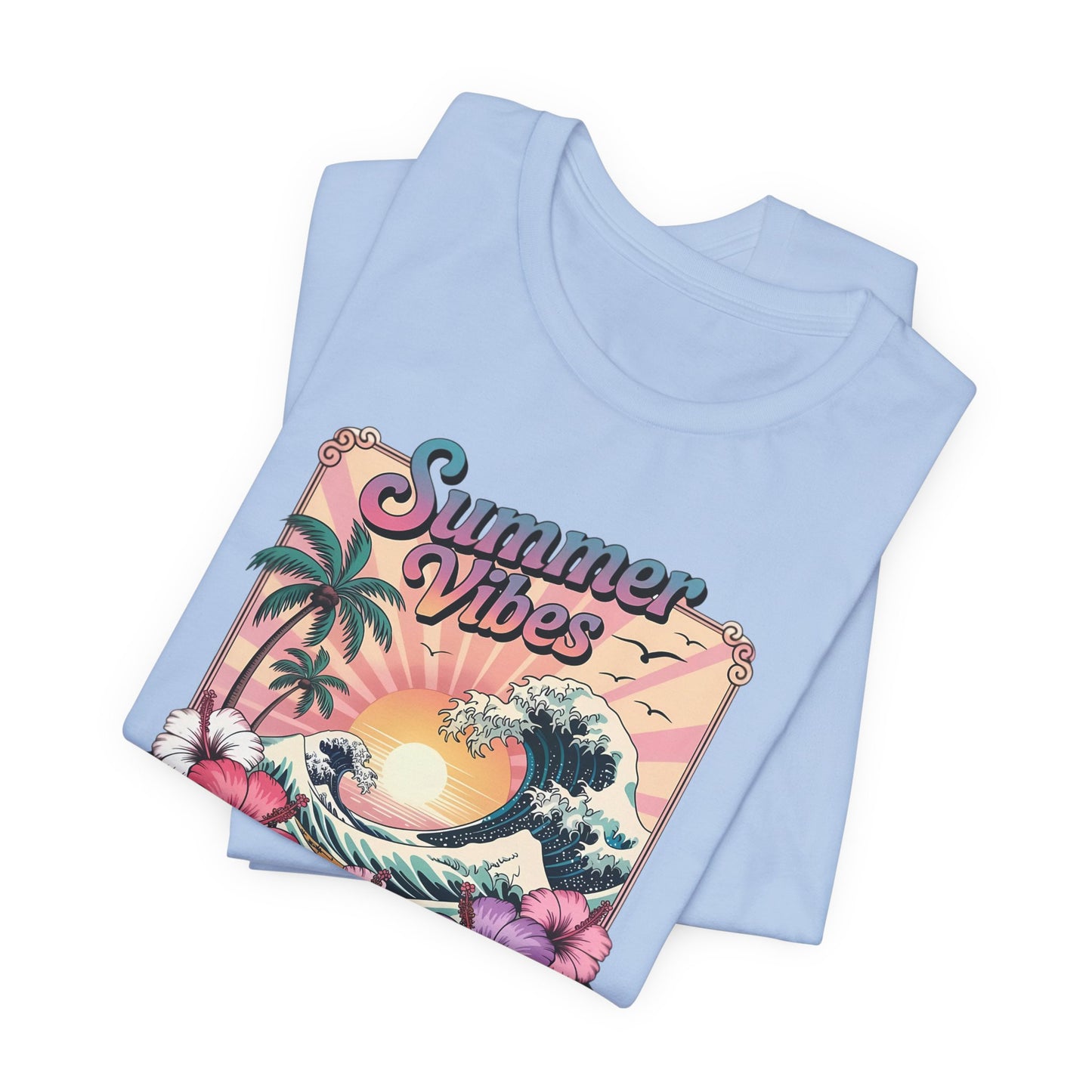 ☀️ Camiseta Summer Vibes – Ola playera vibrante, hibisco y palmeras | Camiseta gráfica para mujer