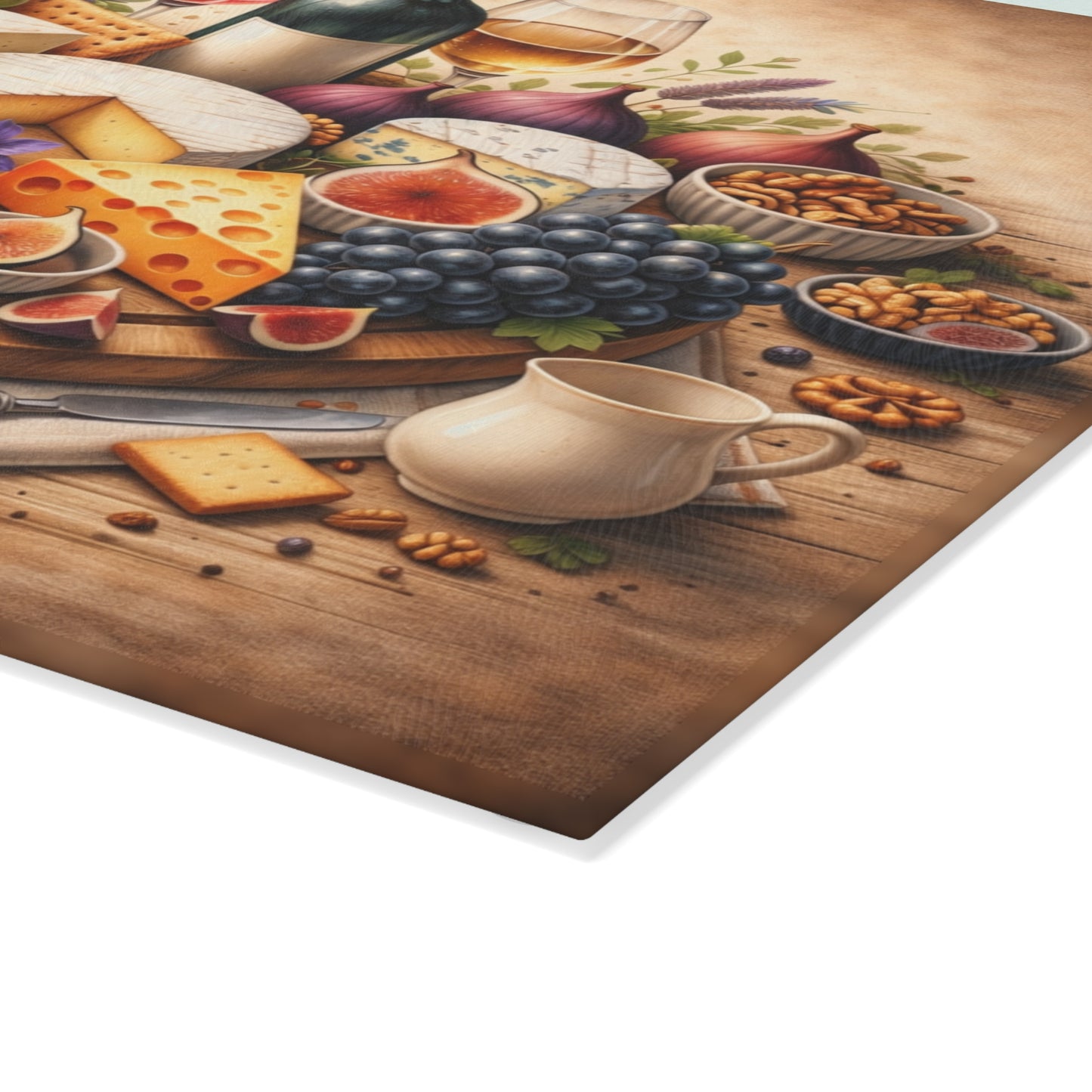 Artisan Cheese & Wine Still Life Glass Cutting Board – Elegant Entertaining Kitchen Décor