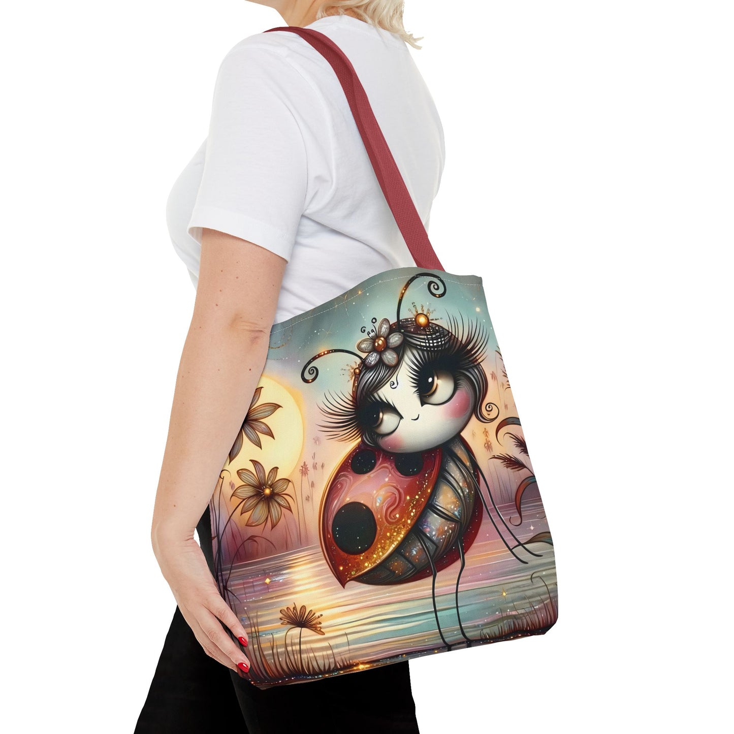 🐞 Mariquita sobre una flor junto al lago – Bolsa de tela inspirada en la naturaleza