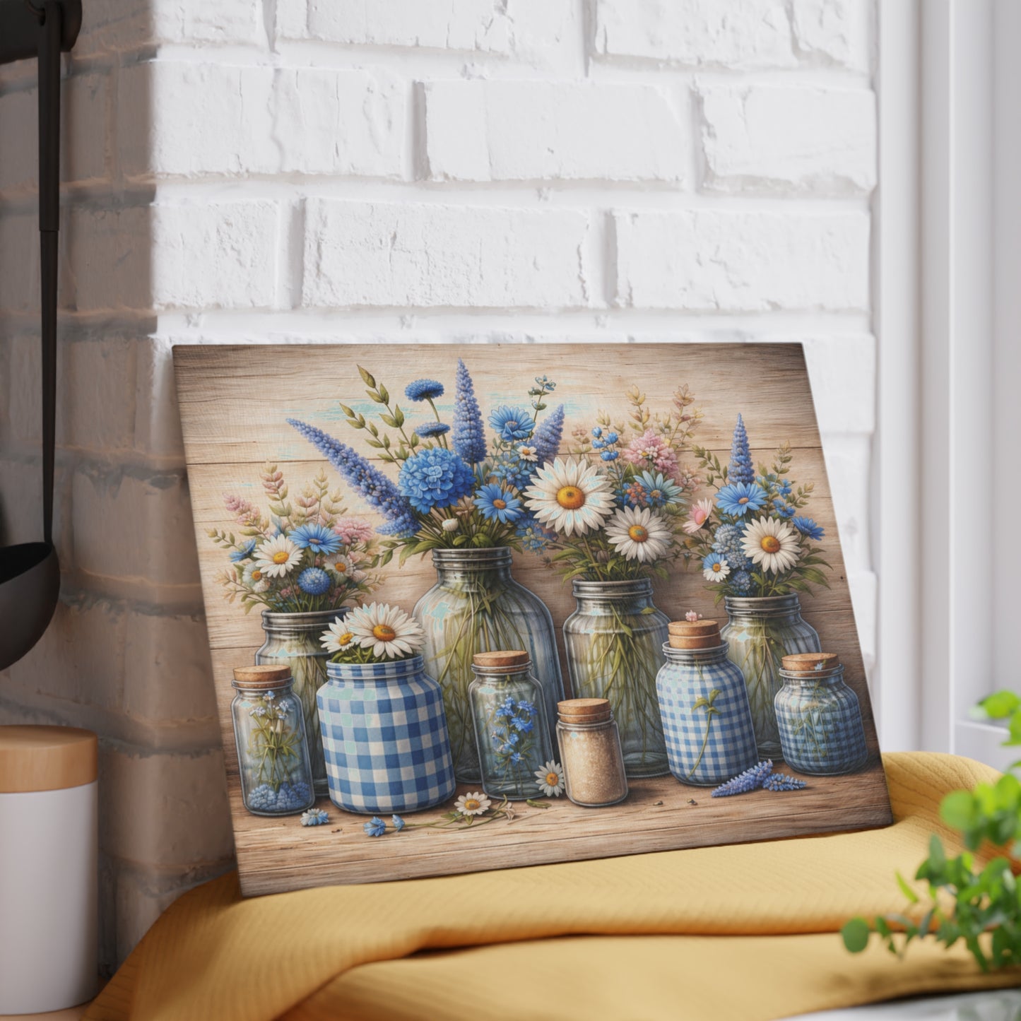Blue Gingham Wildflower Mason Jar Glass Cutting Board – Rustic Farmhouse Kitchen Decor