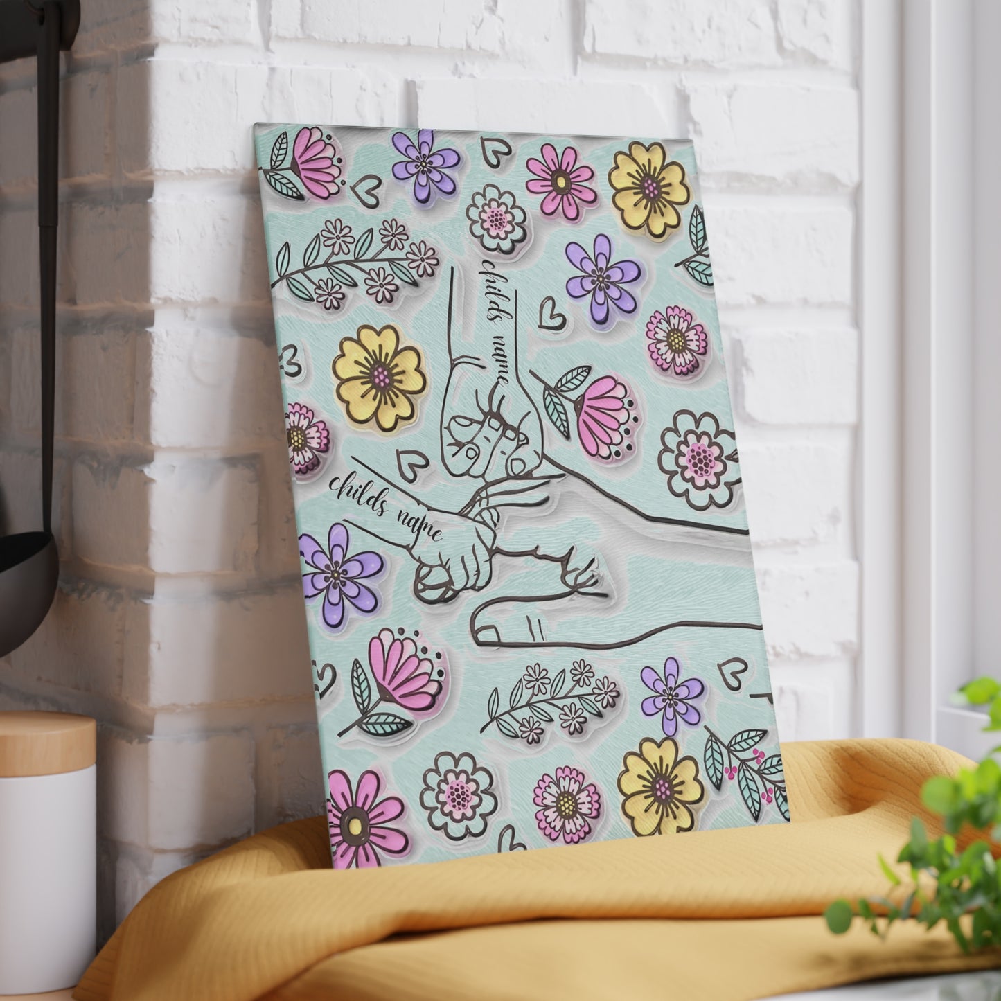 Tabla de cortar de vidrio templado personalizada con manos de madre | Arte floral 3D | Nombres personalizados para niños | Regalo para el Día de la Madre