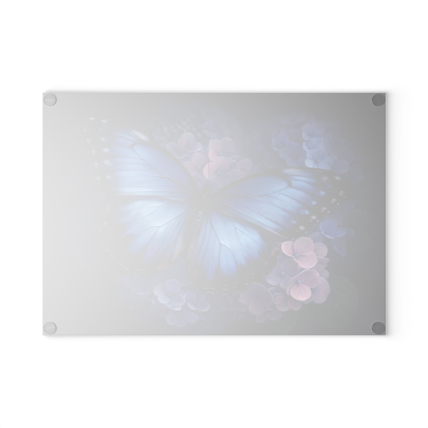 Blue Butterfly & Hydrangea Glass Cutting Board – Elegant Floral Butterfly Kitchen Art
