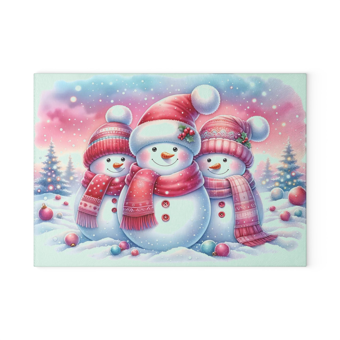 ⛄️🎀 “Pink Scarf Snowman Trio” Glass Cutting Board – Cozy Charm for Your Kitchen