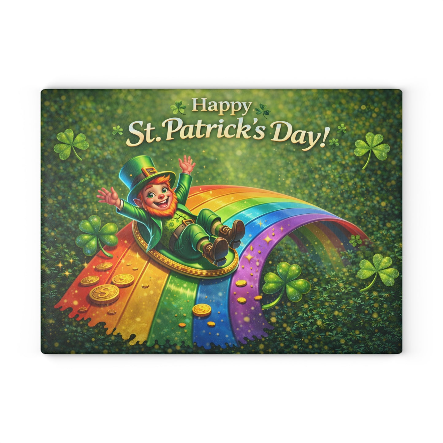 St. Patrick’s Day Leprechaun Rainbow Glass Cutting Board – Whimsical Irish-Inspired Kitchen Decor