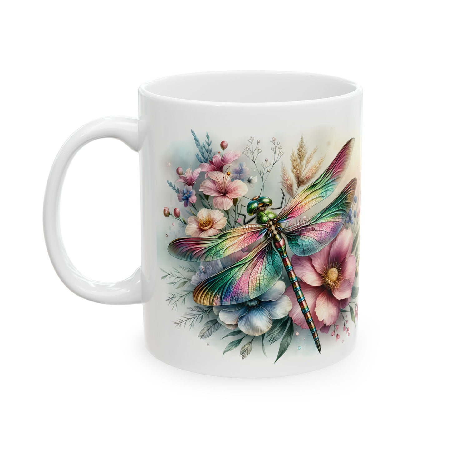 🌈 Magia del Jardín Arcoíris – Envoltorio para Taza de Café con Libélula Vibrante ☕