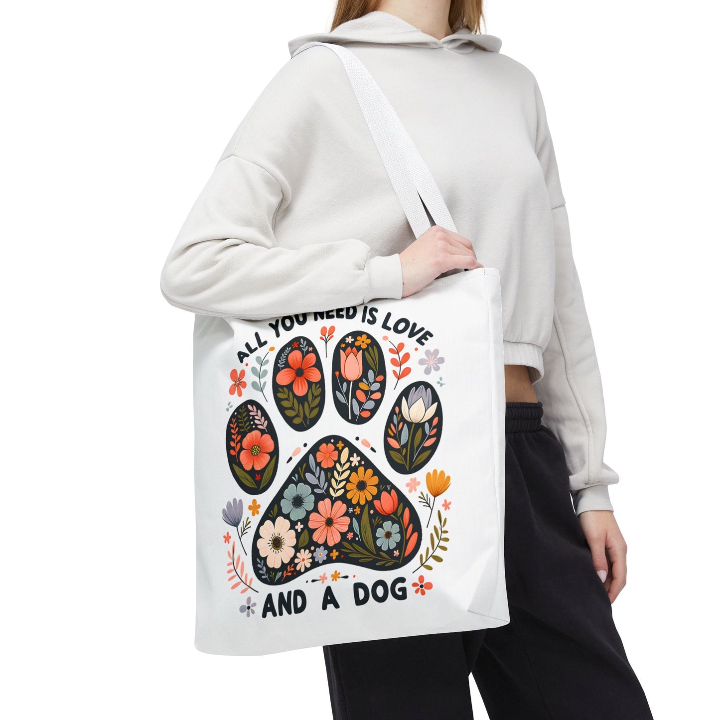 🐾 All You Need is Love and a Dog Tote Bag – Floral Paw Print Perfection 🌸
