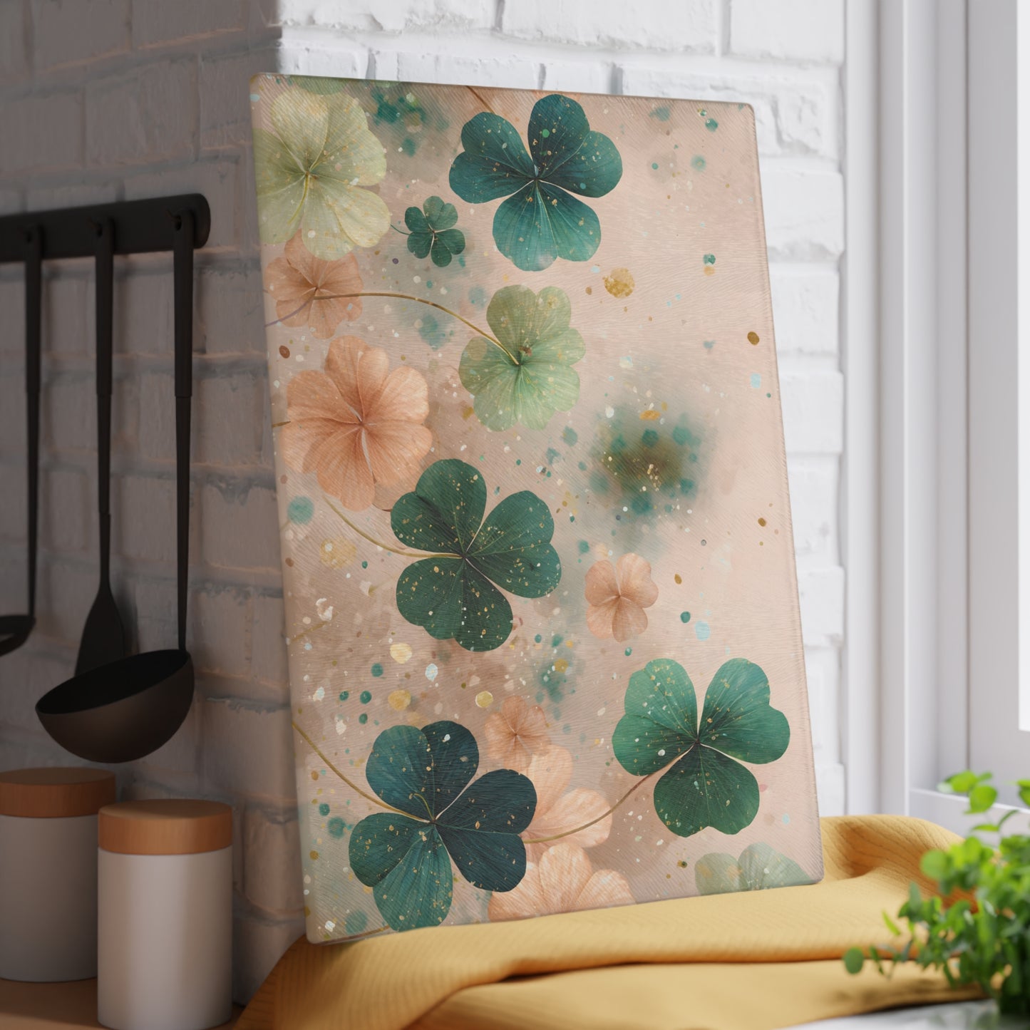 Pastel Shamrock Floral Glass Cutting Board – Soft Irish Clover Spring Kitchen Art