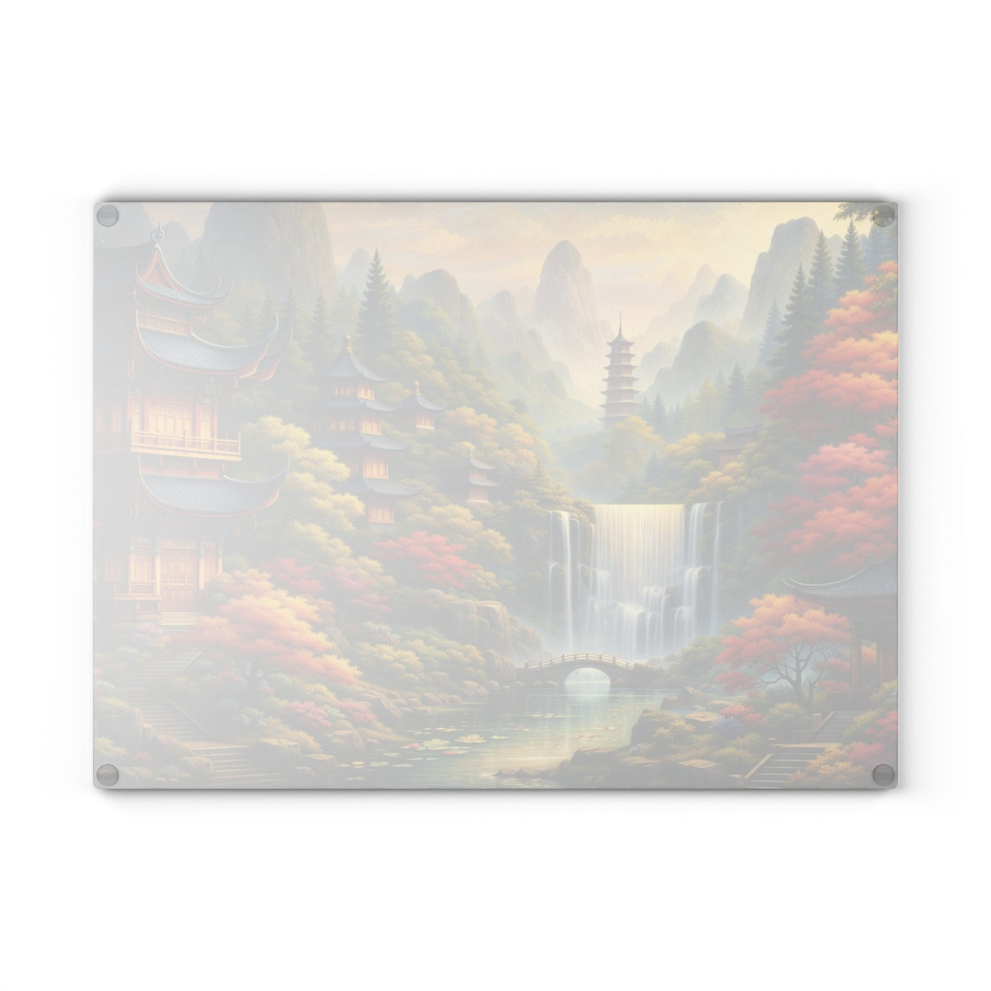 Asian Temple Garden Waterfall Glass Cutting Board – Serene Mountain Landscape Art