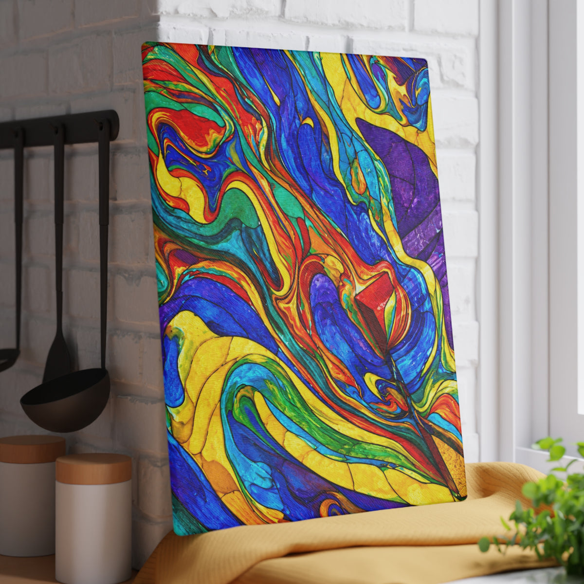 Colorful Marbled Swirl Glass Cutting Board – Bold Abstract Rainbow Kitchen Decor
