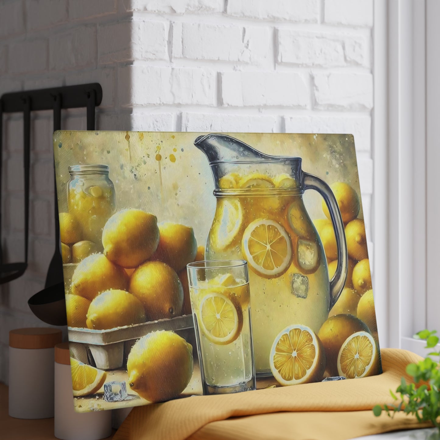 Tabla de cortar de limón, decoración de cocina cítrica, estilo rústico de granja, tabla de cortar de vidrio, decoración de cocina de verano, diseño de limón fresco, idea de regalo
