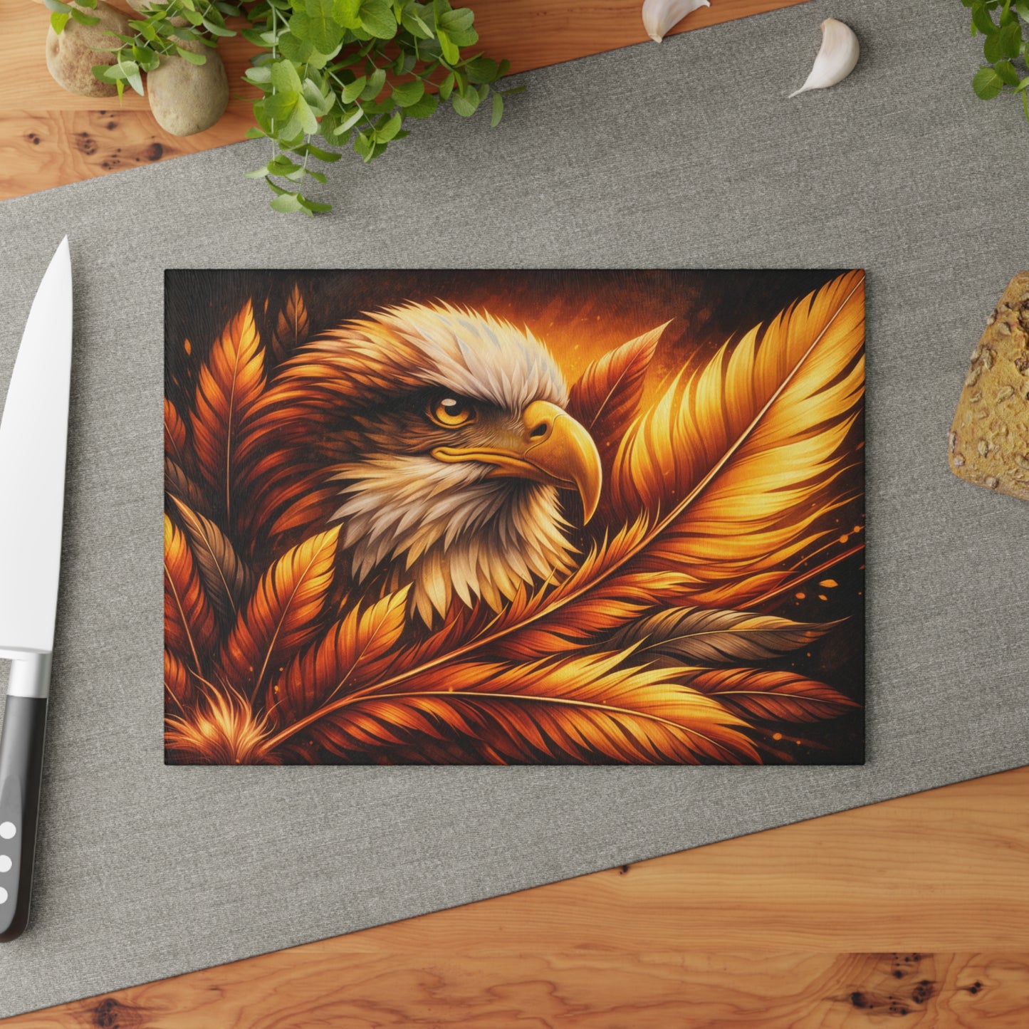 Majestic Eagle & Golden Feathers Glass Cutting Board – Bold Wildlife Kitchen Art