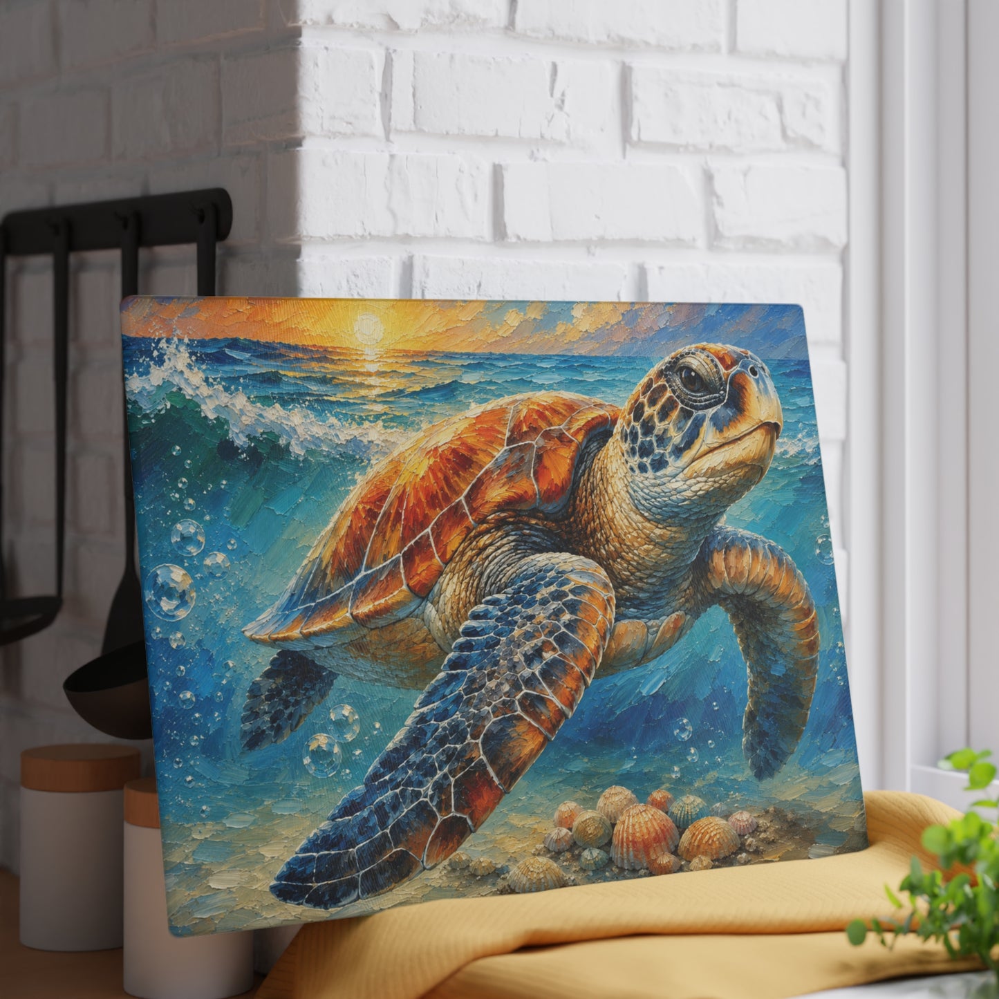 Sea Turtle Glass Cutting Board – Colorful Coastal Sea Turtle Artwork with Ocean Waves
