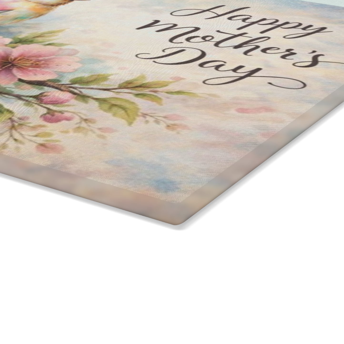 Happy Mother’s Day Bird & Cherry Blossom Glass Cutting Board – Soft Spring Floral Kitchen Accent