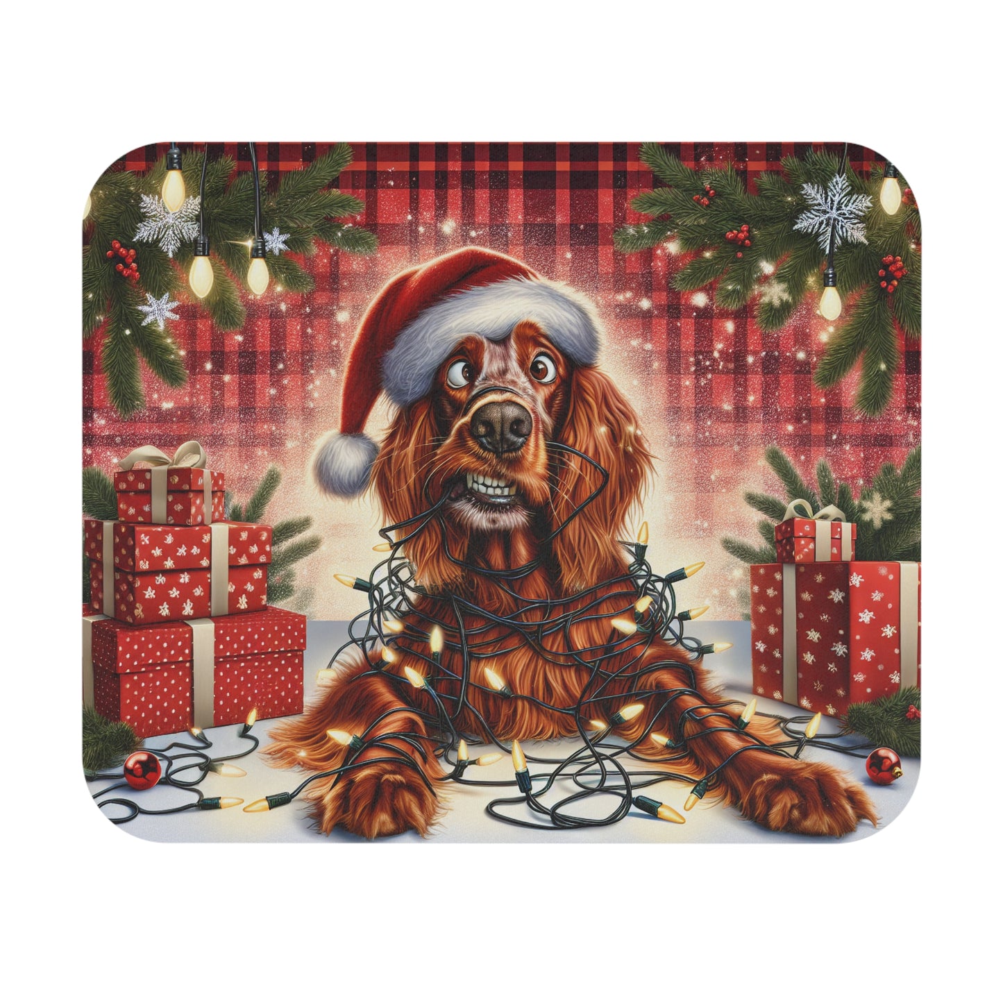 🖱️🎄🐶 Tangled Lights Christmas Dog Mouse Pad – Santa Hat & Plaid Holiday Cheer