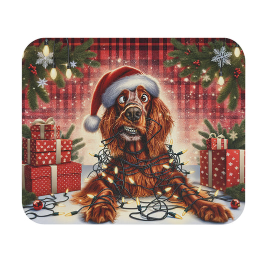 🖱️🎄🐶 Tangled Lights Christmas Dog Mouse Pad – Santa Hat & Plaid Holiday Cheer