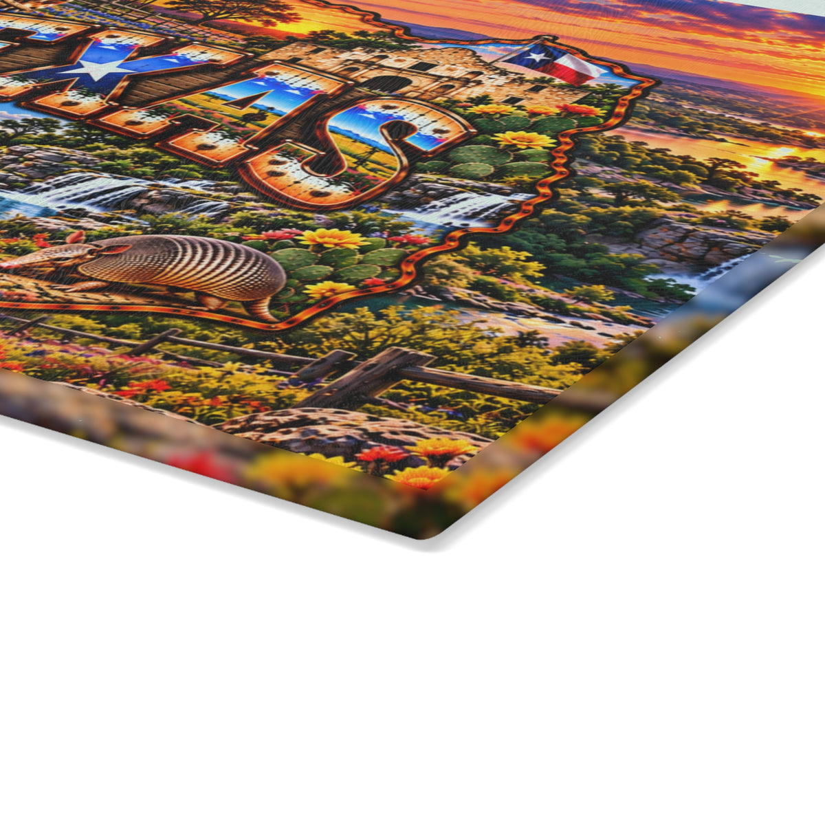 Texas Glass Cutting Board – Texas State Map, Longhorn, Alamo, Bluebonnets, Waterfalls & Sunset Kitchen Décor