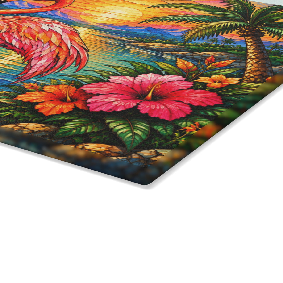 Stained-Glass-Inspired Pink Flamingo Cutting Board – Tropical Sunset, Palm Trees, Colorful Hibiscus Flowers & Coastal Kitchen Décor