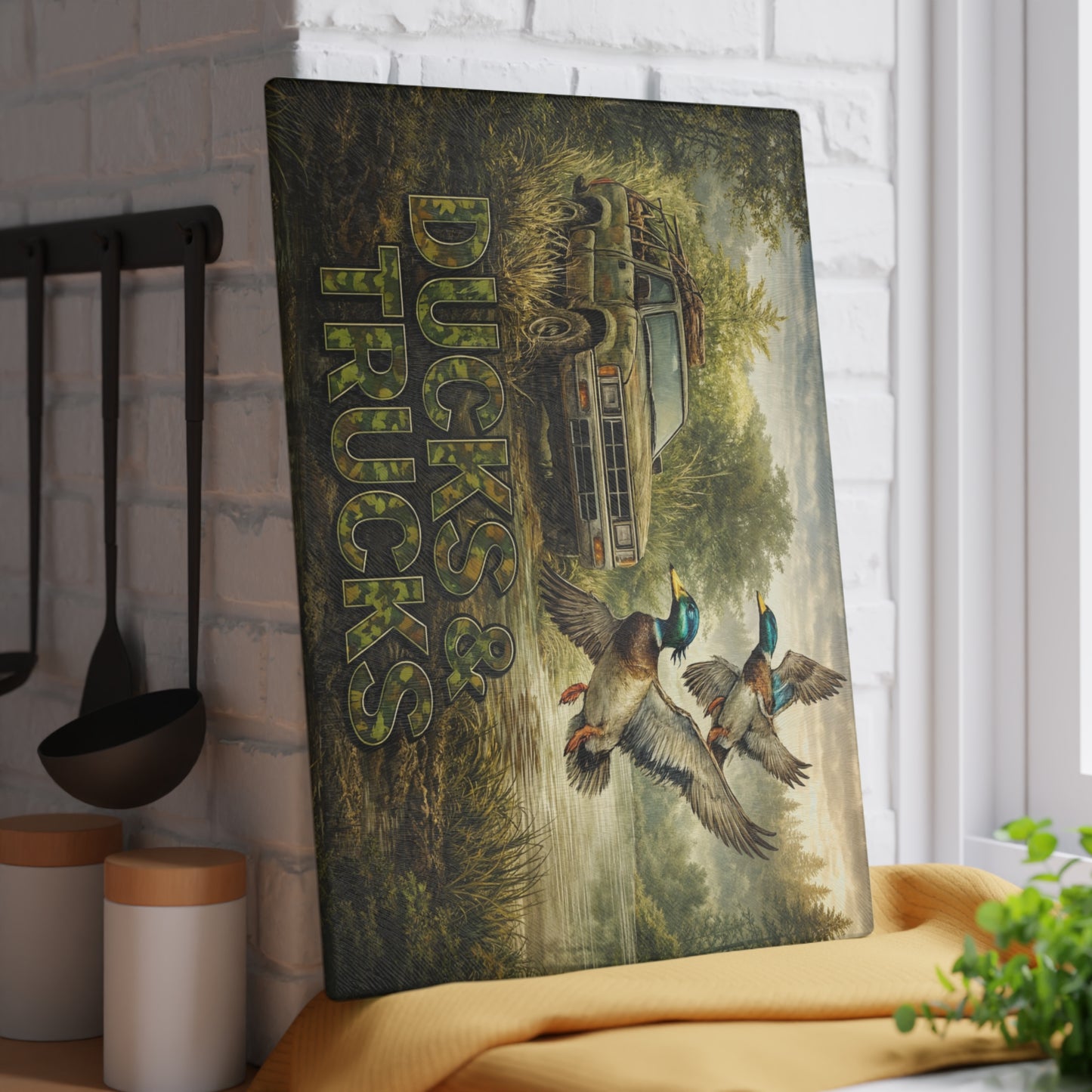 Ducks & Trucks Glass Cutting Board – Rustic Hunting Scene Kitchen Art & Display Board