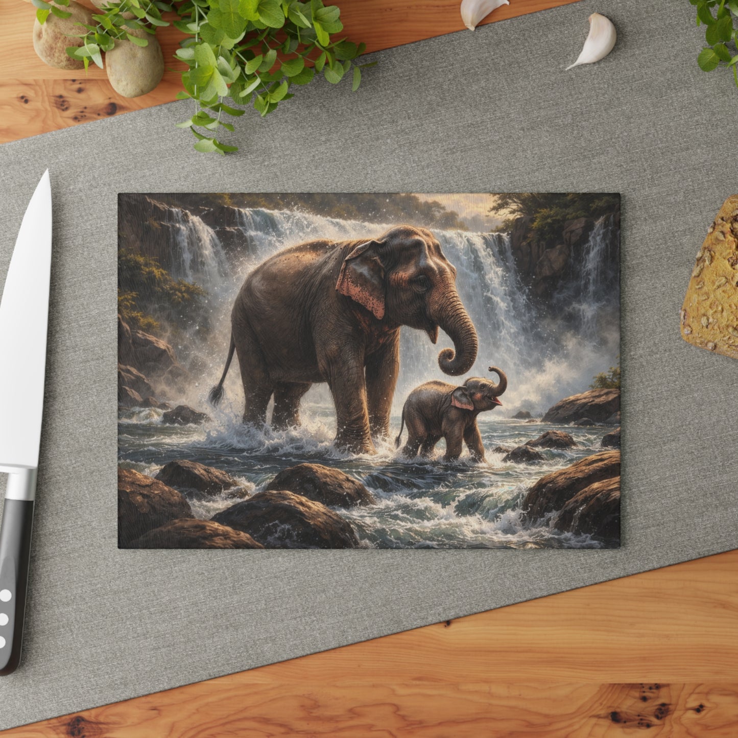 Elephant Waterfall Wildlife Glass Cutting Board – Majestic Nature Scene Kitchen Art