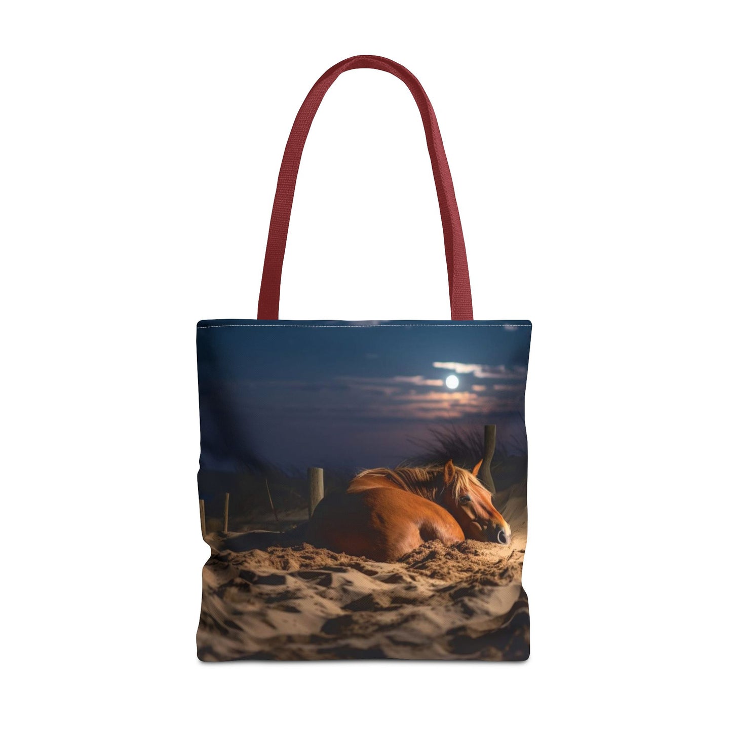 Bolsa de tela "Caballo durmiendo en la playa bajo la luz de la luna": una escapada serena a cada paso