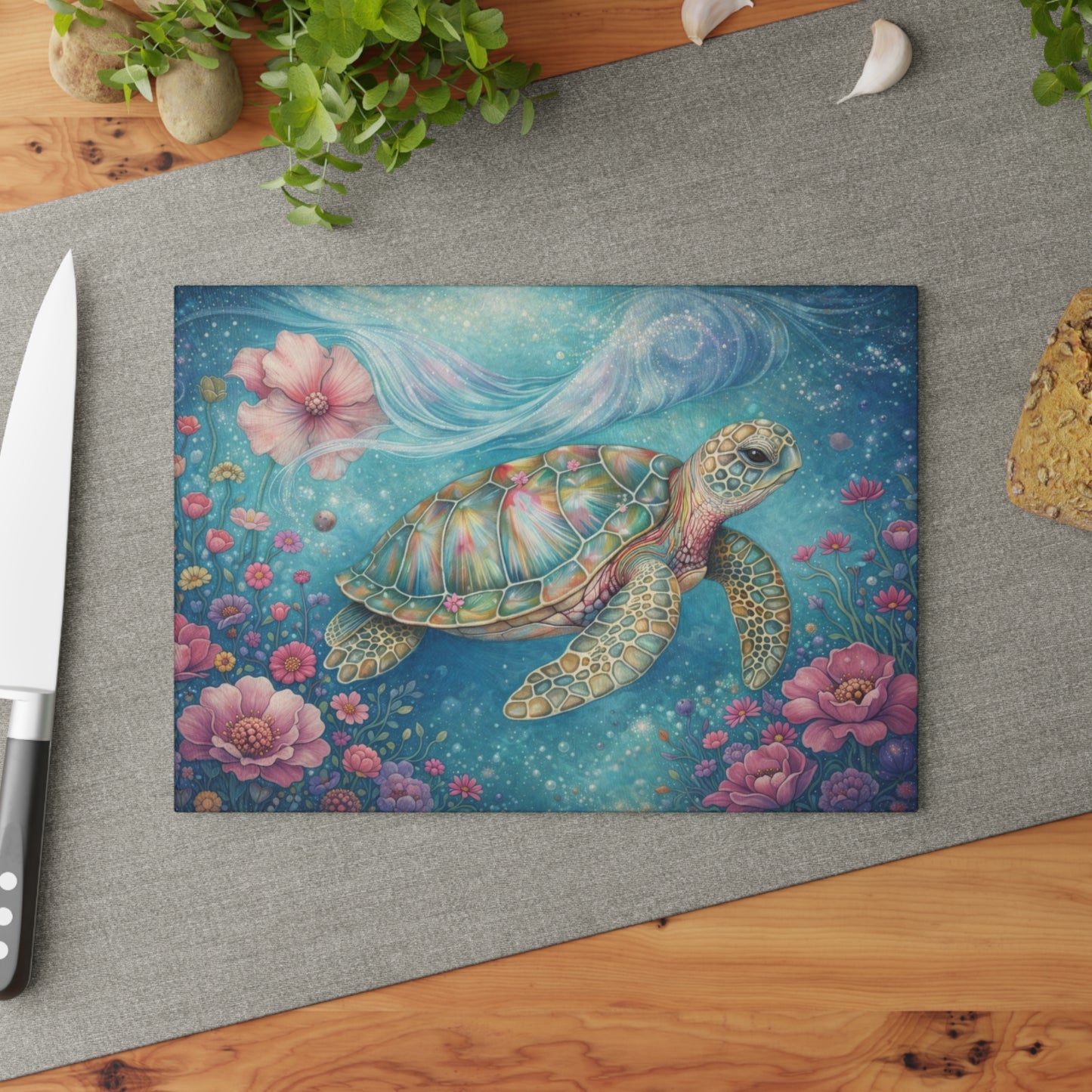 Floral Sea Turtle Glass Cutting Board – Dreamy Ocean Garden with Soft Pastel Blooms