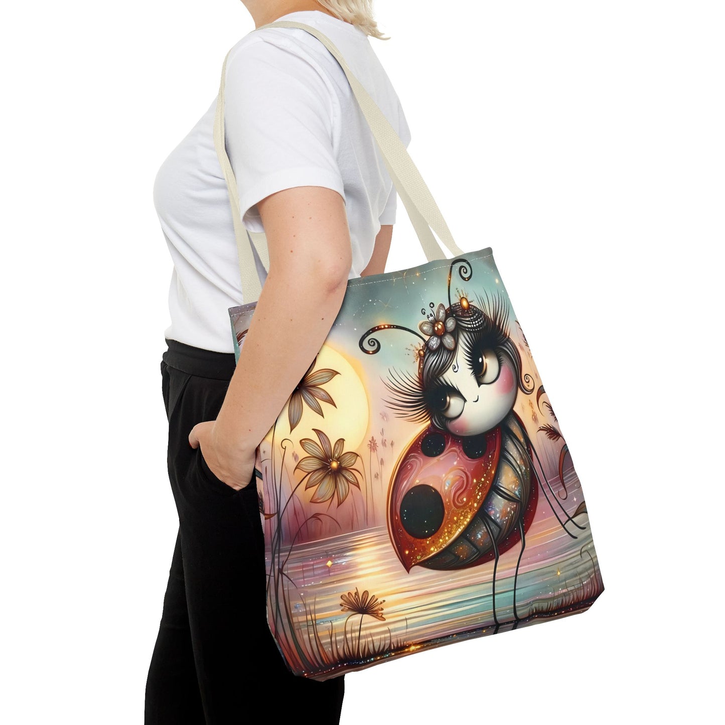 🐞 Mariquita sobre una flor junto al lago – Bolsa de tela inspirada en la naturaleza