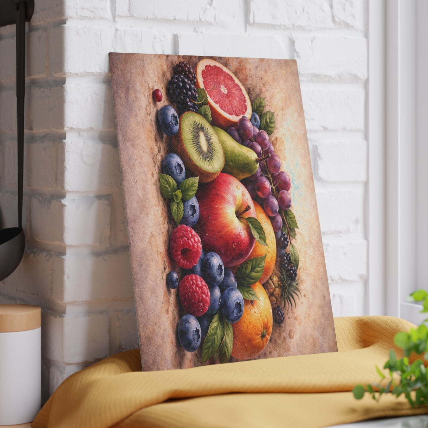 Classic Orchard Still Life Glass Cutting Board – Fruit Market Kitchen Accent