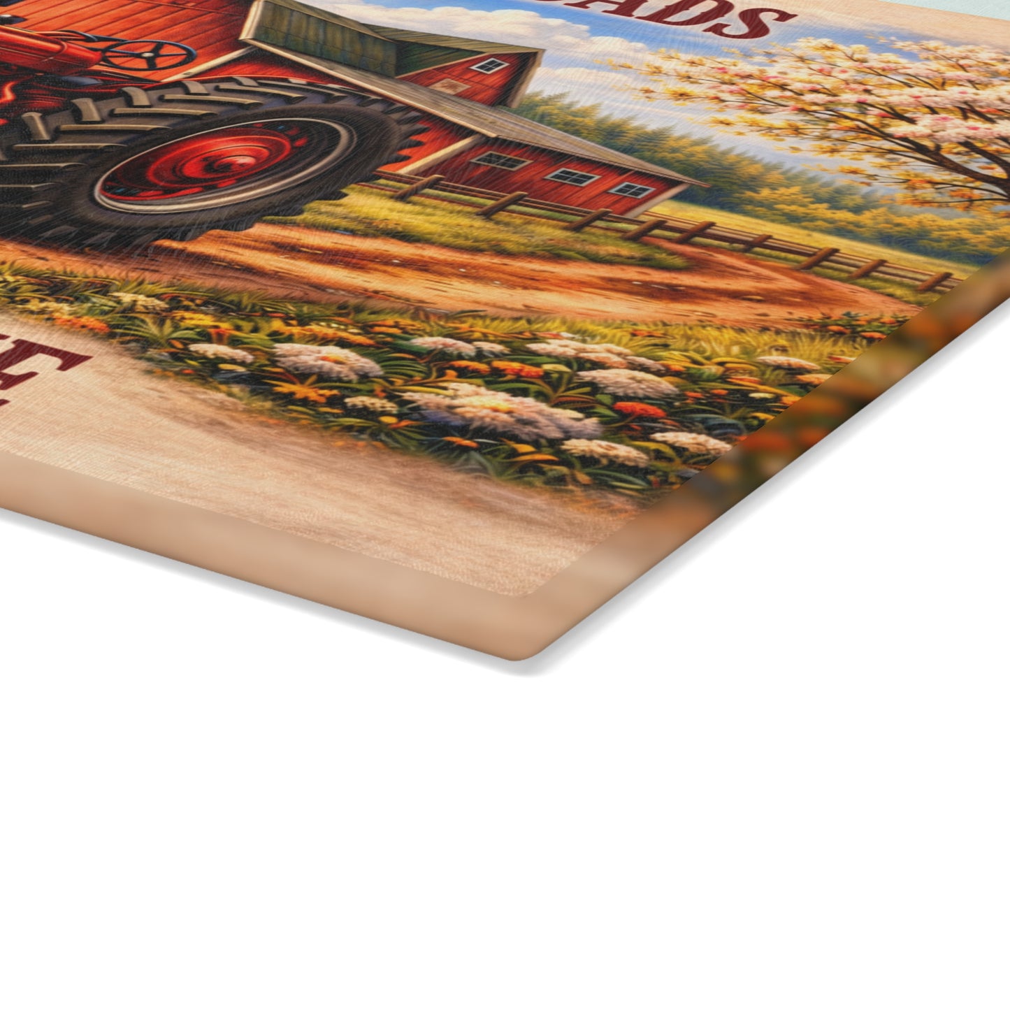 Country Roads Tractor Glass Cutting Board – Rustic Farmhouse Charm for Your Kitchen