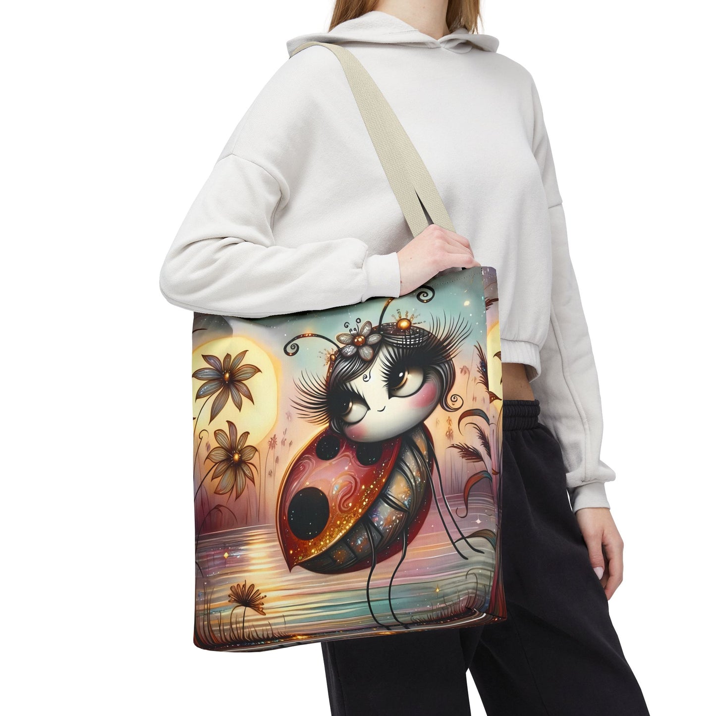 🐞 Mariquita sobre una flor junto al lago – Bolsa de tela inspirada en la naturaleza