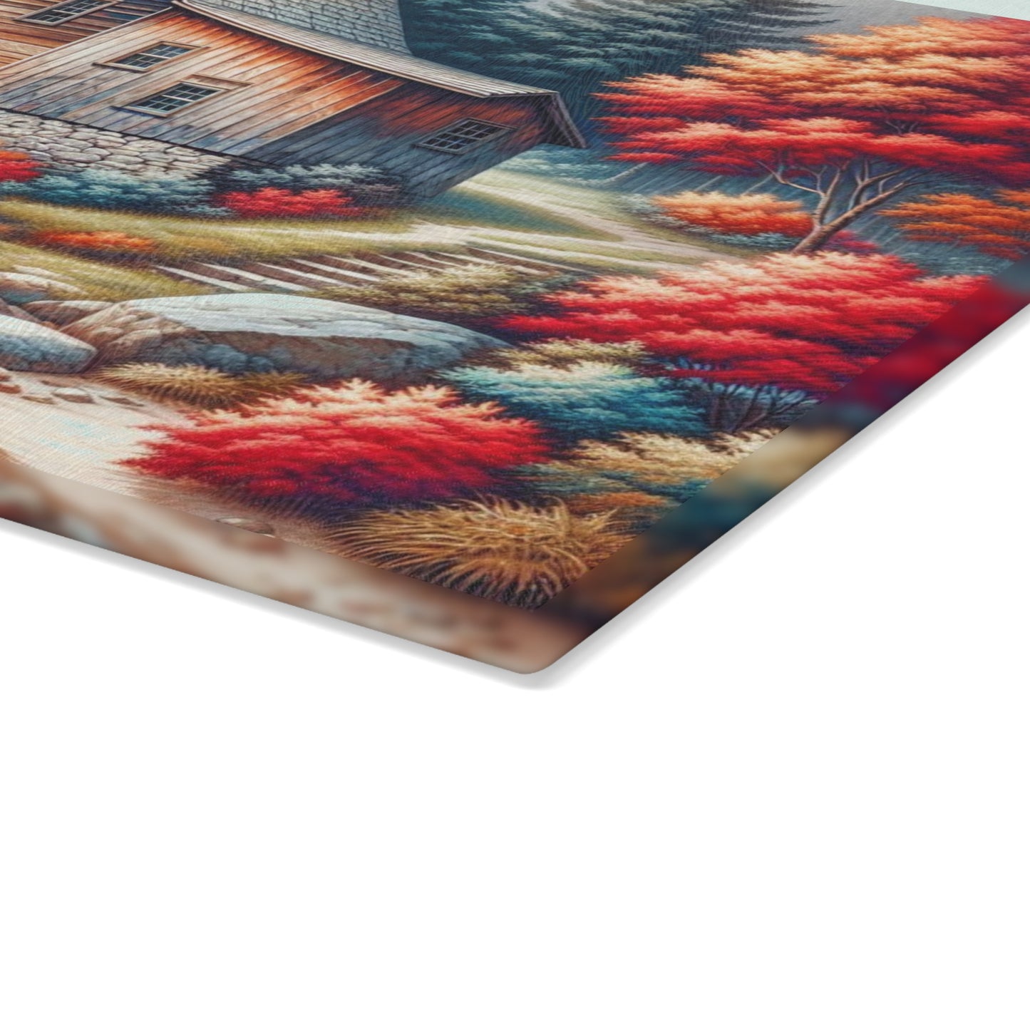 🌊 Rustic Watermill Cutting Board – Tranquil Autumn Charm for Your Kitchen