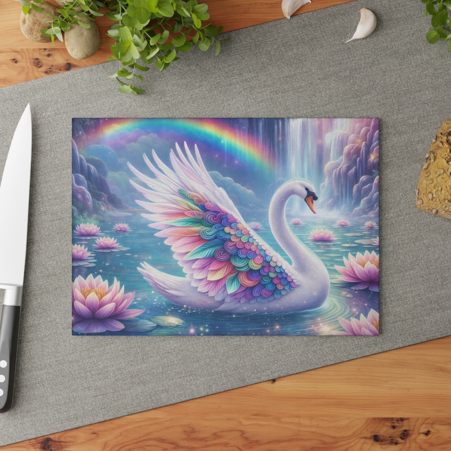 Rainbow Swan Fantasy Glass Cutting Board – Dreamy Water Garden Kitchen Art