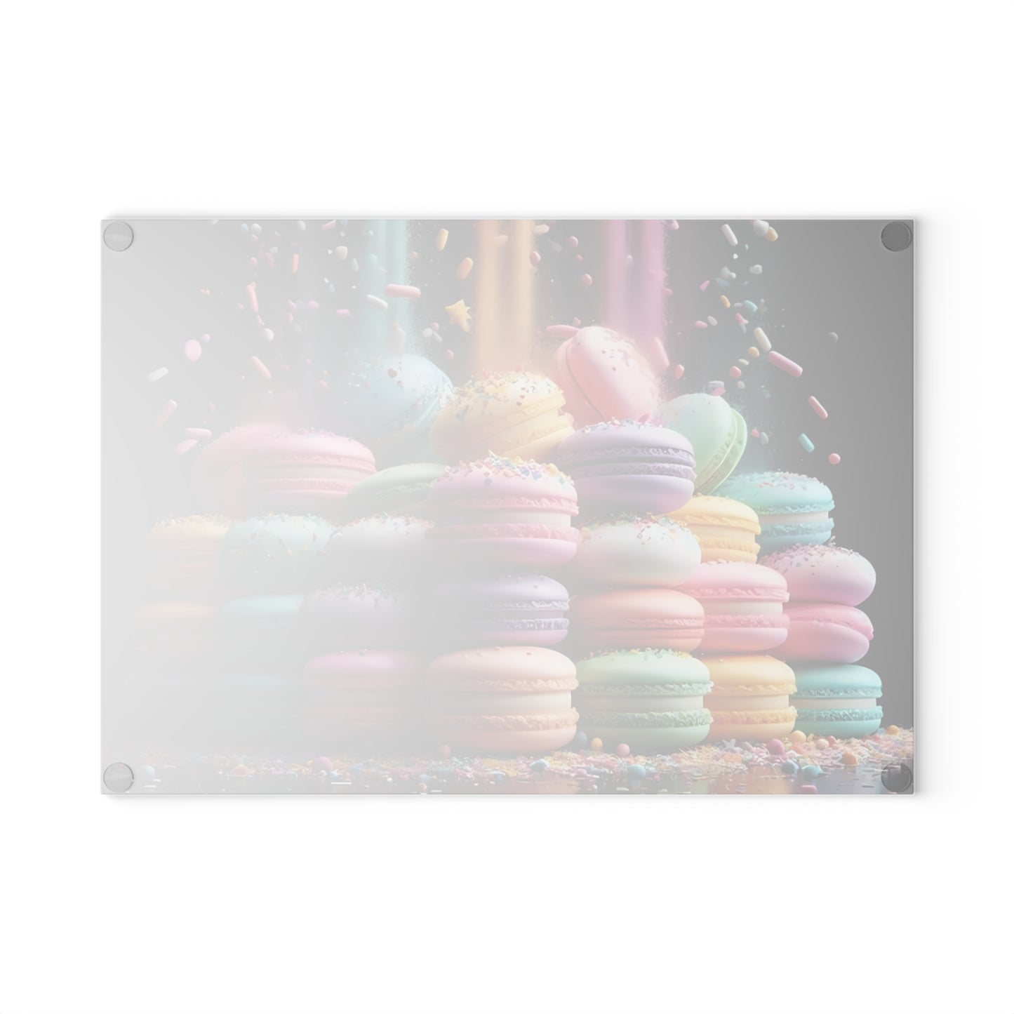 Tabla de cortar de vidrio con macarons pastel: una decoración de cocina dulce con un toque de fantasía