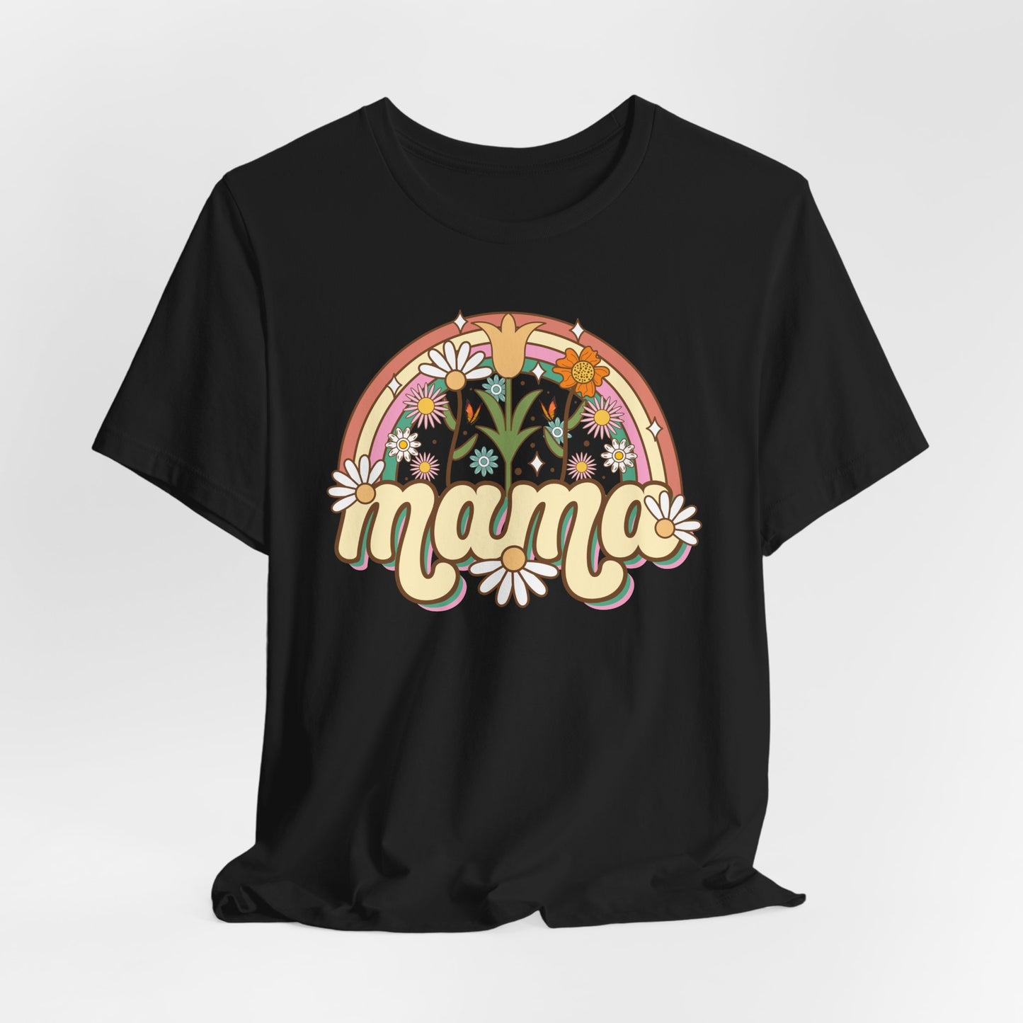 🌼🌈 Retro Floral Mama T-Shirt – Boho Rainbow Graphic Tee for Moms 🌻✨