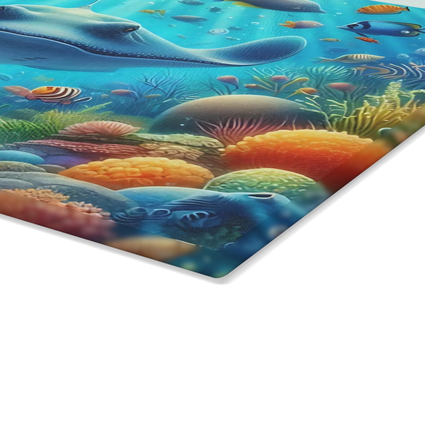 Tabla de cortar de vidrio con diseño de raya y arrecife de coral: decoración de cocina con vida marina y peces de agua salada
