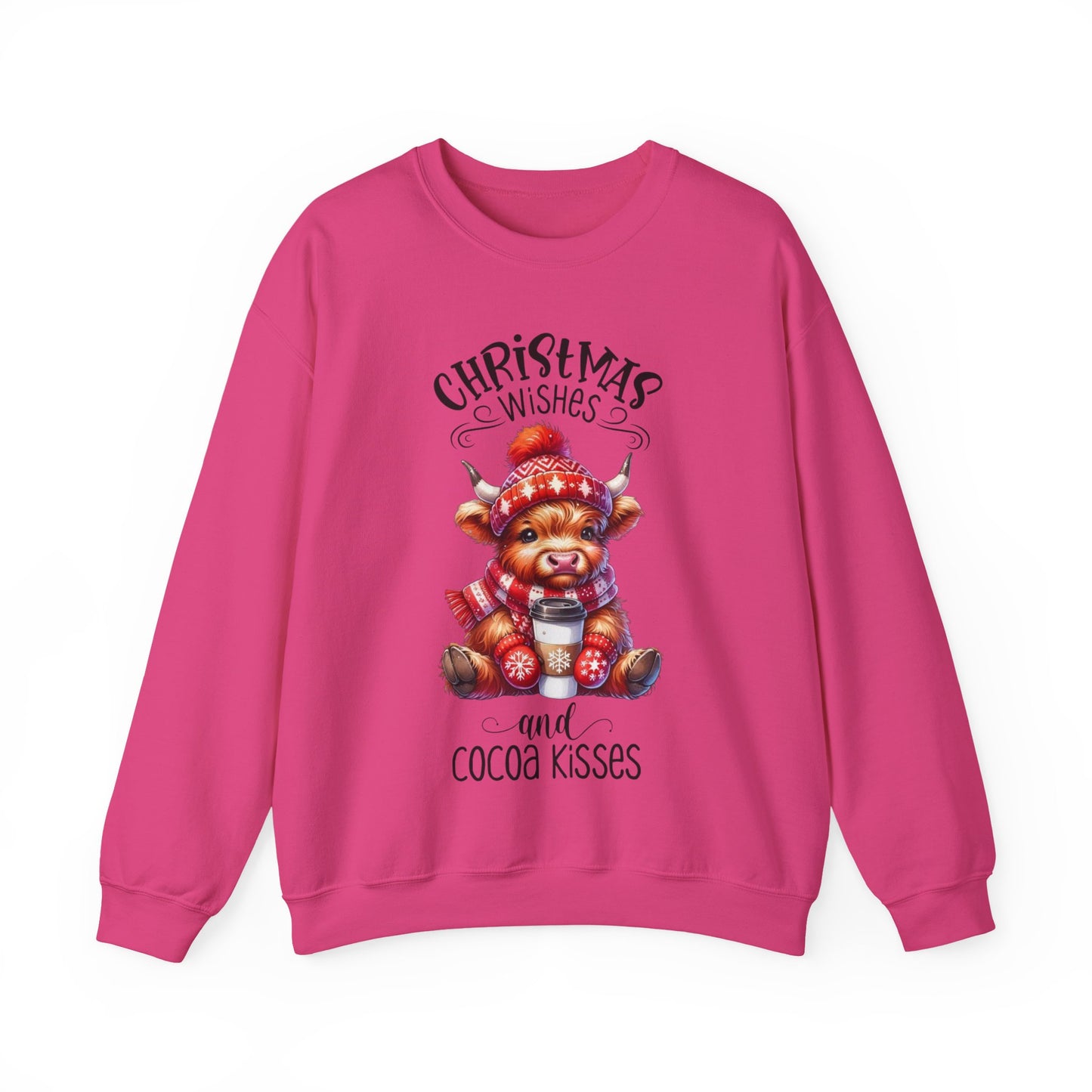🎄☕🐮 Christmas Wishes and Cocoa Kisses Sweatshirt – Cozy Highland Cow Holiday Sweater ❄️❤️