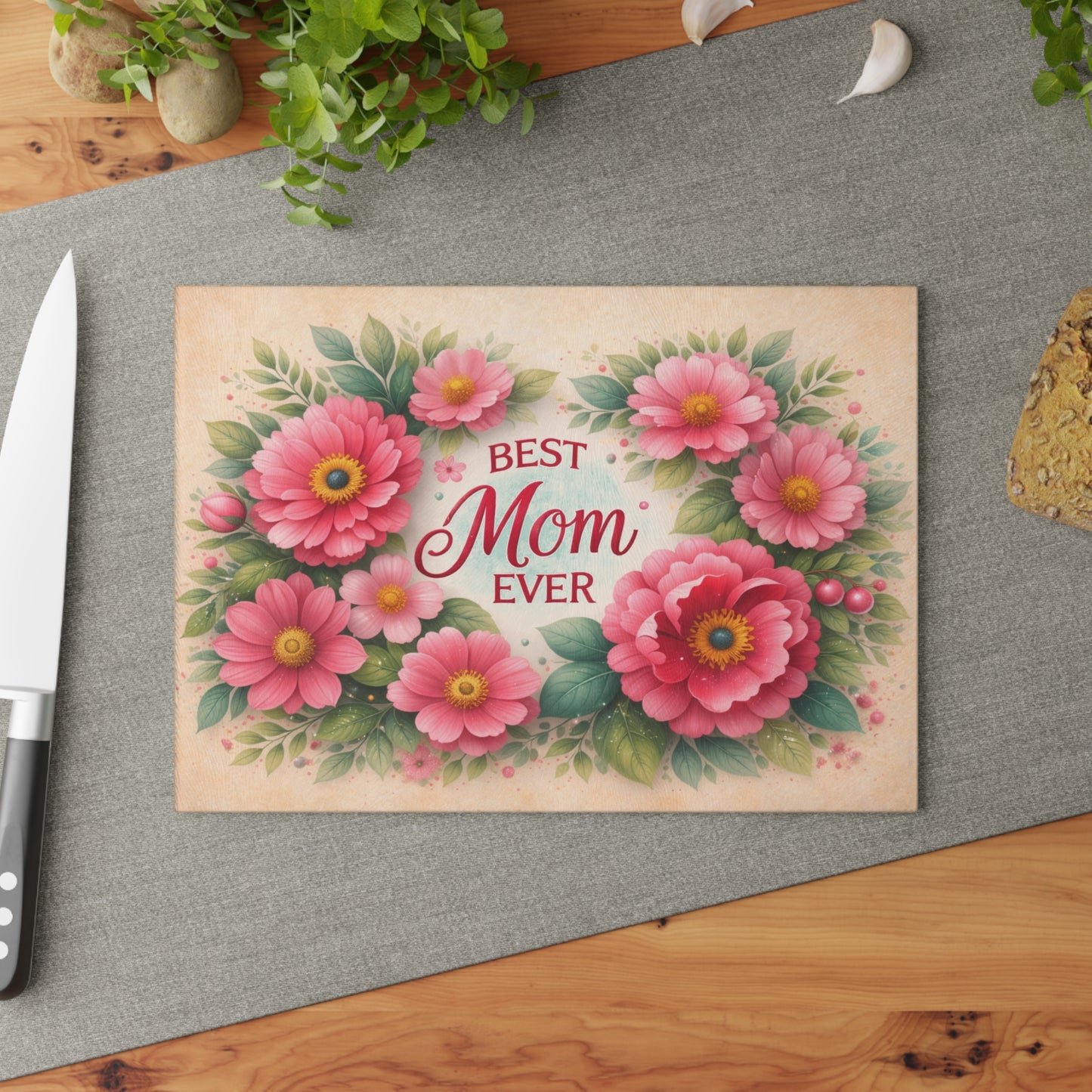 Best Mom Ever Floral Glass Cutting Board – Elegant Kitchen Gift for Her