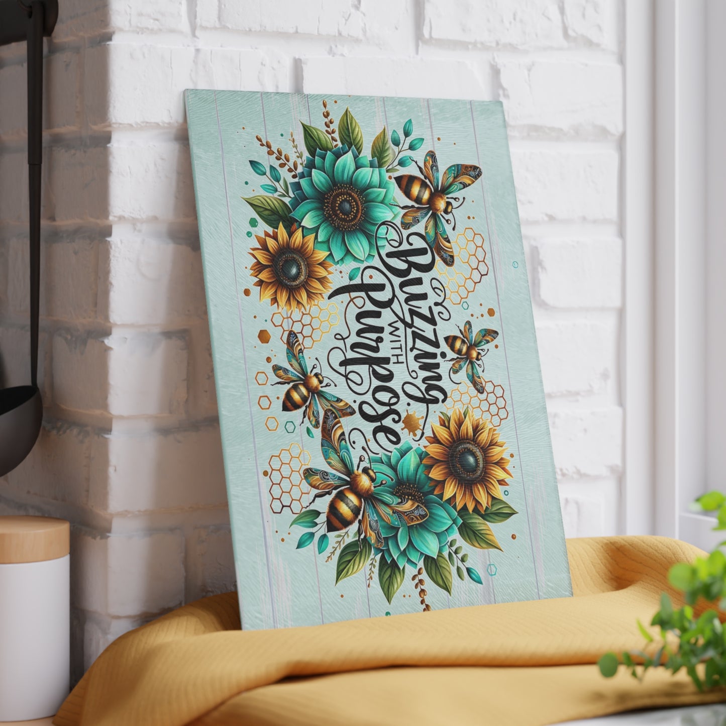 🐝🌻 “Buzzing with Purpose” Glass Cutting Board – Uplift Your Kitchen with Cheer